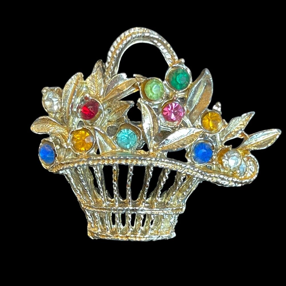 Vintage Flower Basket Multi Colored Rhinestone GoldTone Brooch Estate Jewelry